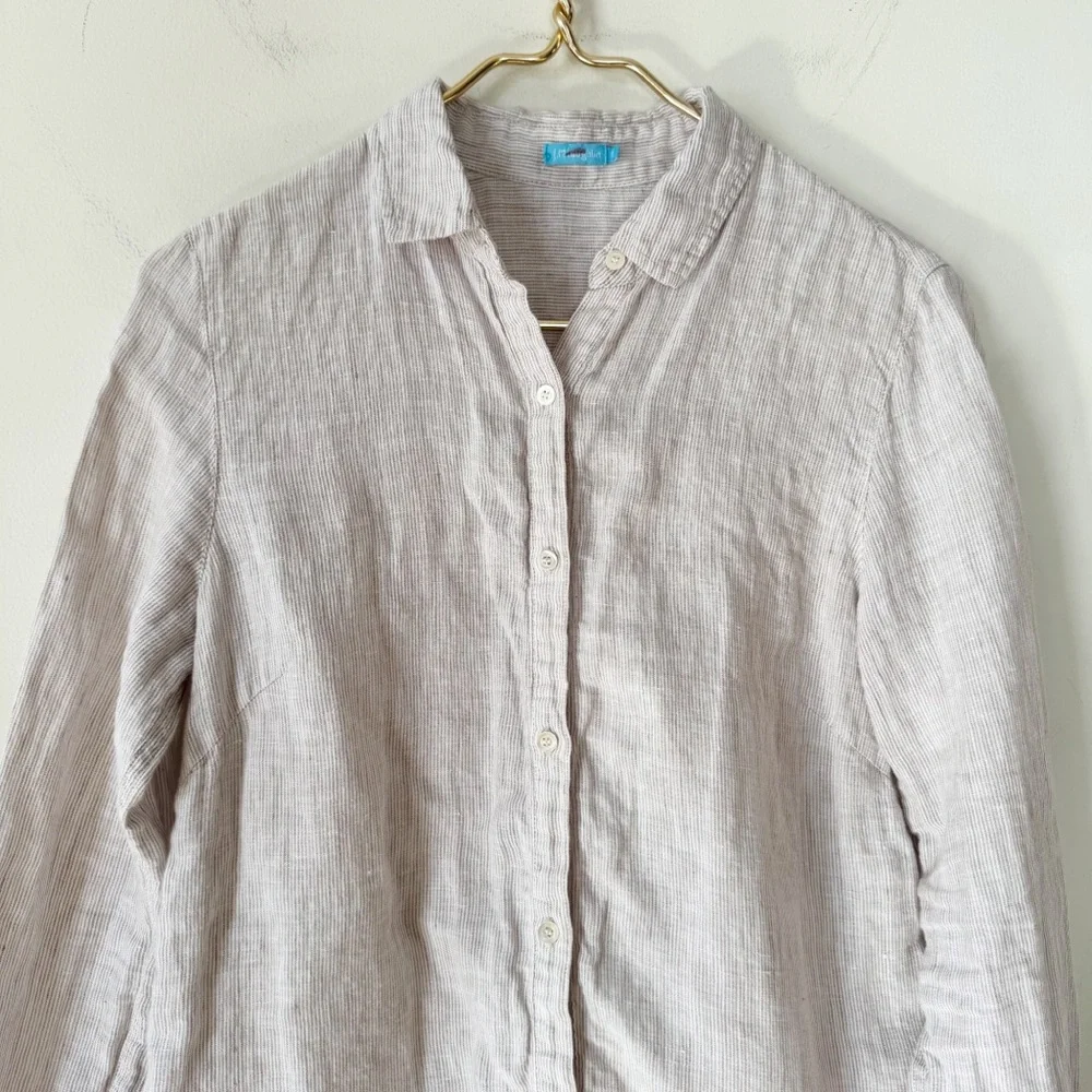 J. McLaughlin Tan and White Striped Britt Linen Button Down Shirt S - Picture 6 of 9